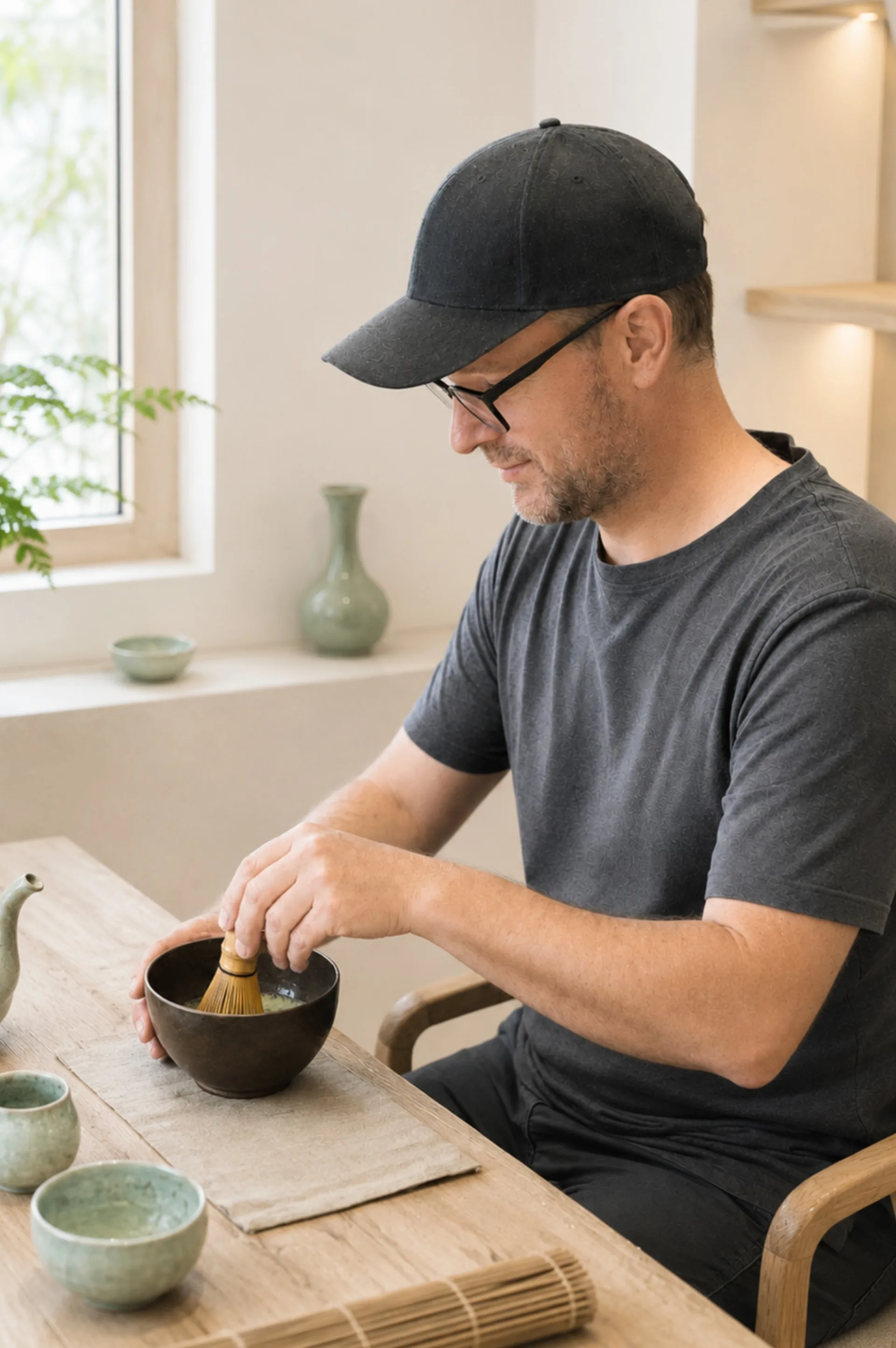 Traveler whisking tea during a traditional tea ceremony